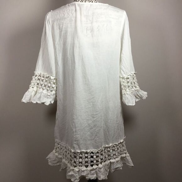 White gauzy 100% cotton tunic dress square neck crochet neck hem and cuff sz M - Picture 5 of 8